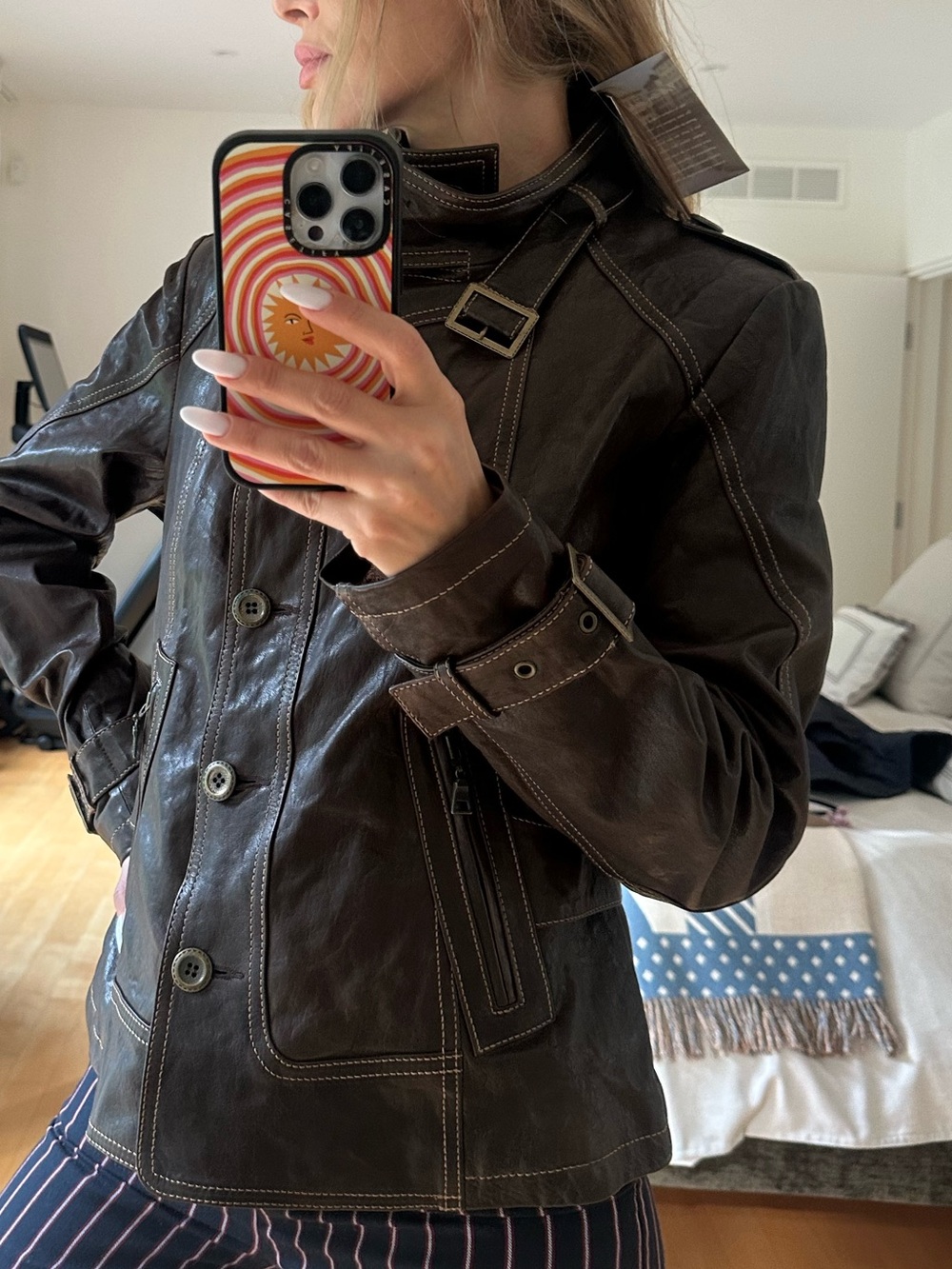 Danier Dark Brown Italian Leather Jacket Contrast Stitching